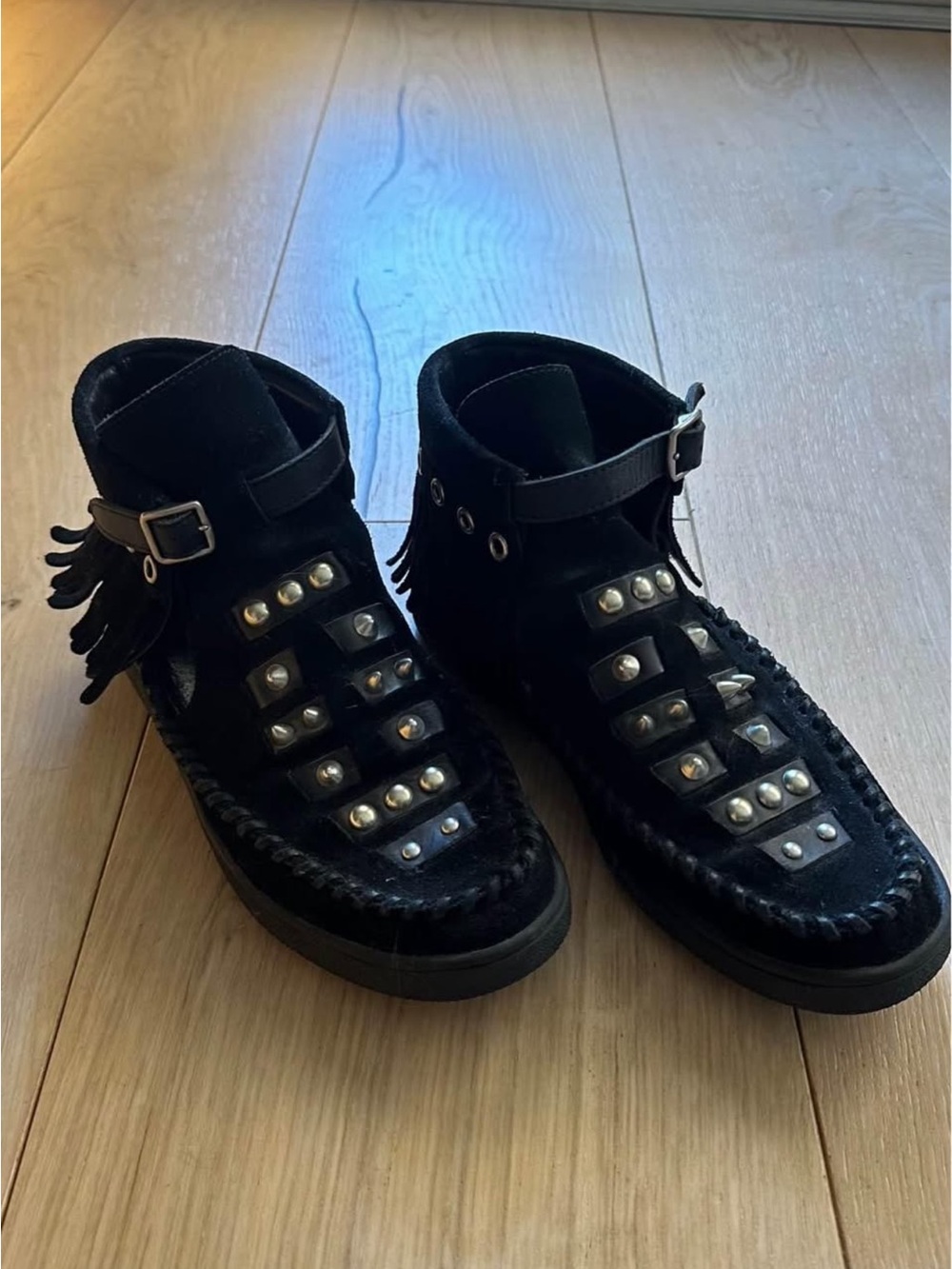 Coach Black Suede Studded Fringe Ankle Shoes